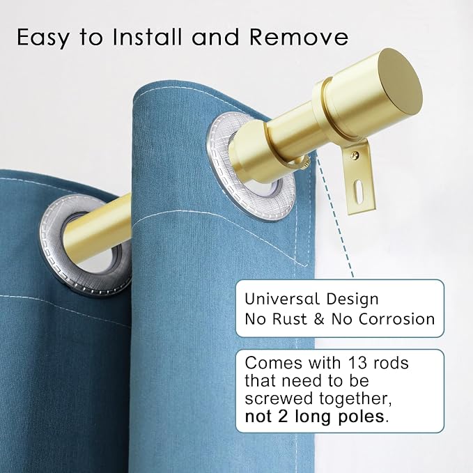 Byondeth Curtain Rods for Windows 16 to 200 Inches Adjustable Length 1 Inch Diameter Window Curtain Rod with Aluminium Finials, Warm Gold