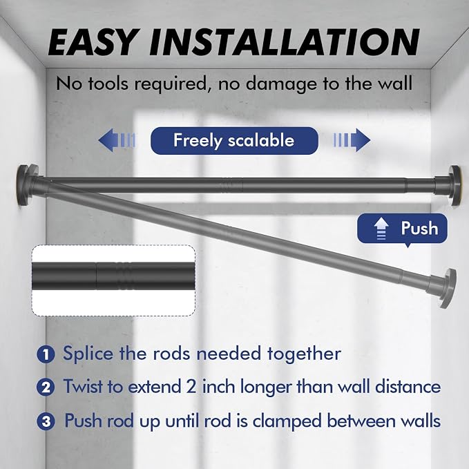 Black Shower Curtain Rod Tension 30 to 92 Inch,1 Inch Diameter Adjustable Tension Curtain Rod No Drilling,Shower Rods for Bathroom,No Rust