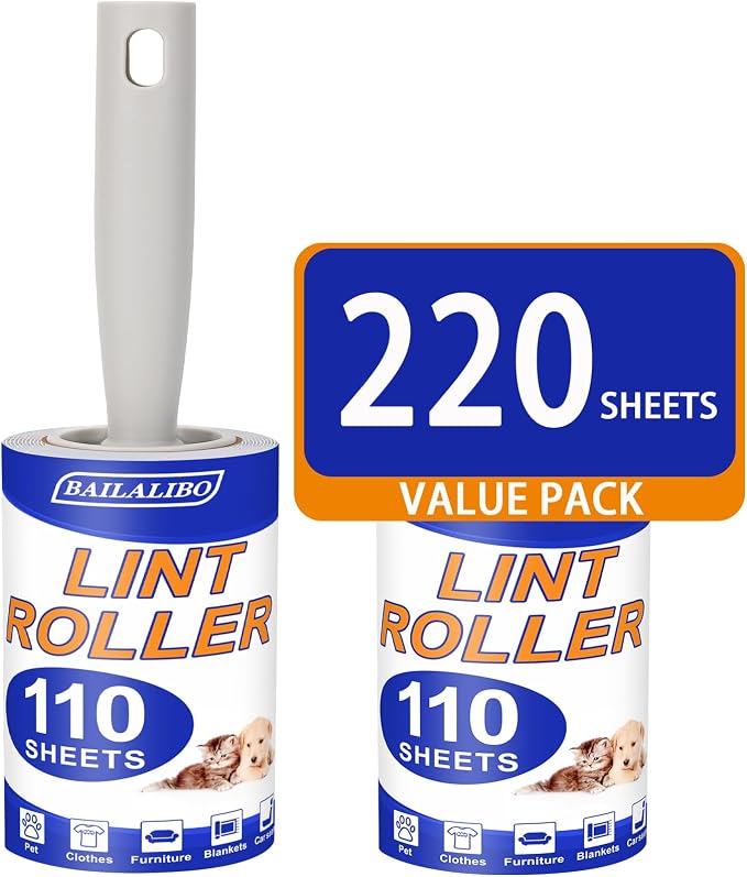 BAILALIBO Lint Roller for Pet Hair, 220 Sheets | Extra sticky, removes hair from clothes/couches/carpets, reusable, compact for travel, for dog/cat owners