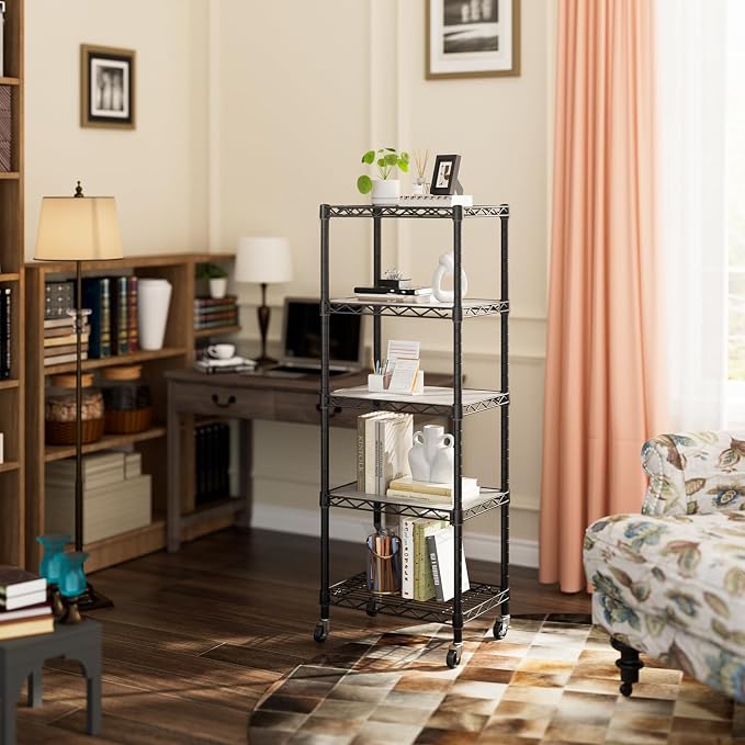 Golpart Small Shelves Storage Wire Metal Adjustable Shelf Unit with Wheels | 5 tier Shelving Organizers Storage Shelving for Bathroom Laundry Room Kitchen Pantry 11.7”D x 17.7”W x 57.2”H Black