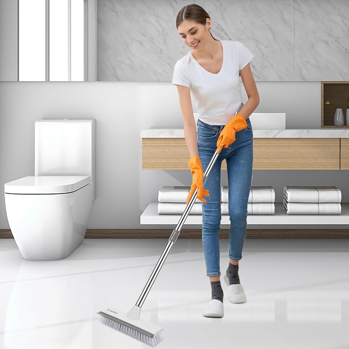 SetSail Floor Scrub Brush and Grout Brush with 51-Inch Long Adjustable Handle 2 in 1 Scrape Brush Stiff Bristle Floor Scrubber for Cleaning Shower Bathroom Garage Kitchen Deck Tub Tile, Grey White