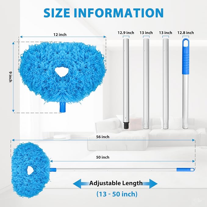 Ceiling Fan Cleaner Duster High Ceiling Extended Fan Blade Cleaner from 13 to 50 Inch Reusable Microfiber Ceiling Fan Duster with Extension Handle for Furniture Bookshelves Wall Door (Blue)
