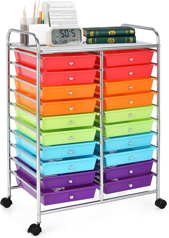 DREAMADE Rolling Cart with Storage Drawers, Utility Cart with Removable Plastic Drawers, Lockable Wheels, Art Cart for Classroom Organization Art Supplies Office Scrapbook (20 Drawers, Multi-color)