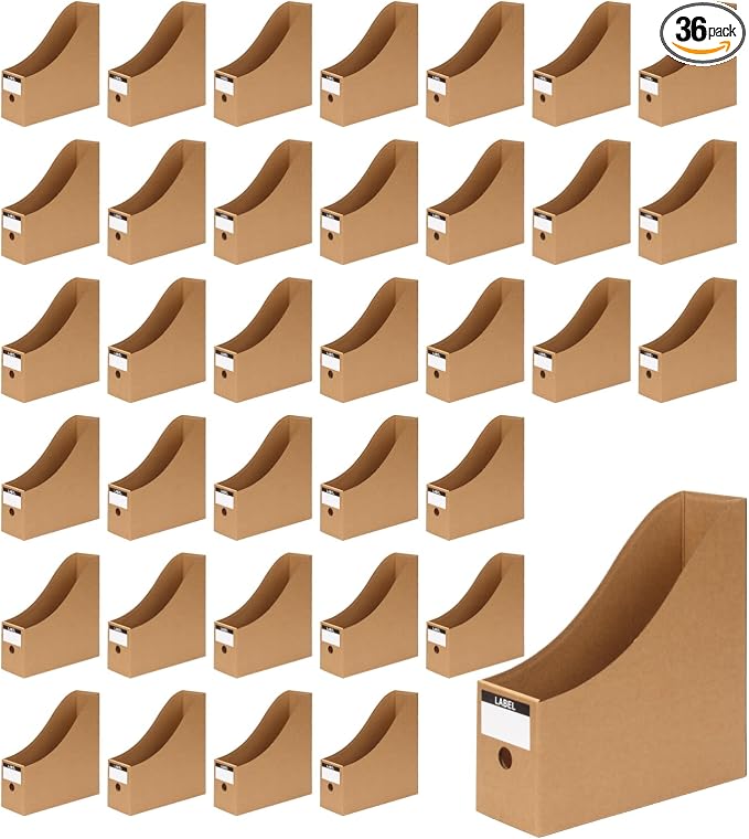 36 Pcs Cardboard Magazine File Holders with Label Sticker | Kraft Paper Magazine Book Bin Box, Paper Organizer Storage Folder for School Classroom Office Library Supplies Desk Shelve