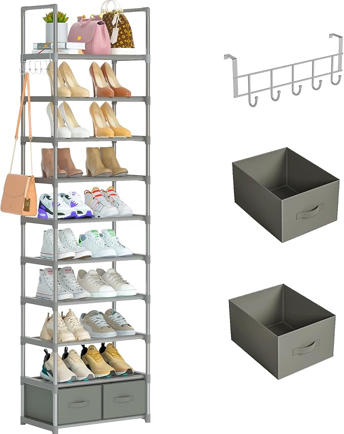 OYREL Shoe Rack Sturdy Metal 10 Tier Shoes Rack Organizer + 2Boxes 1Hook | Narrow Space Saving Shoe Storage Shelf for Closets, Tall Shoe Stand for Entryway, Living Room