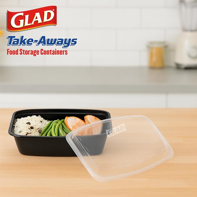 Glad Take-Aways 60-Pack Snap-Seal, Dishwasher and Freezer Safe, Reusable Food Storage Bento Box, Meal Prep Containers, Made in North America (38 oz, BPA Free)