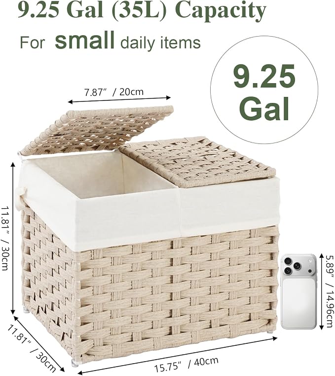 SETVSON Storage Basket with Lid Woven Wicker Baskets with 2 Separate Lid, 9.2 Gallon (35 L) Wicker Storage Bins with Handles, Foldable and 2 Removable Liner Bags for Bedroom, Laundry Room Light Khaki