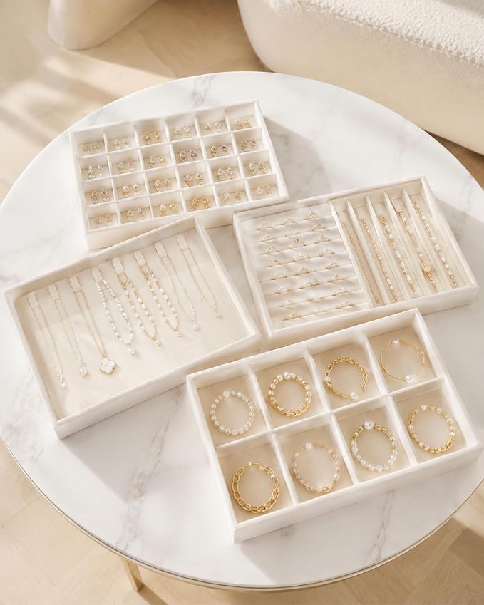 Velvet Jewelry Drawer Organizer Trays Set - 4-Layer Stackable Jewelry Storage Inserts for Earrings, Rings, Necklaces, Bracelets, Removable Dividers Display Case, Dresser Vanity, Gift for Women