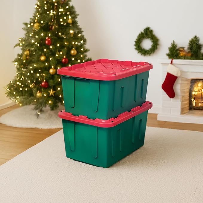 HOMZ Holiday Plastic Storage Container, 27 Gallon - Set of 2, Green and Red, 2 Sets | Heavy-Duty Large Stackable Container Seasonal Boxes for Home, Attic, and Garage Organization