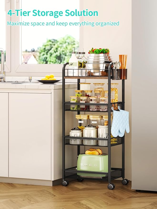 HapiRm 4 Tier Rolling Cart - Metal Utility Cart with Locking Wheels | Rolling Storage Cart Organizer with 2 Hanging Cup, 4 Hooks, Mesh Basket, Space-saver for Kitchen, Craft Art, Office, Bathroom