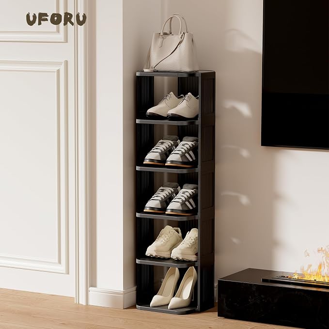 UFORU Small Shoe Rack, 7 Tier Plastic Vertical Shoe Rack for Small and Narrow Spaces, Free Standing Shoe Organizer for Closet, Entryway (Black)