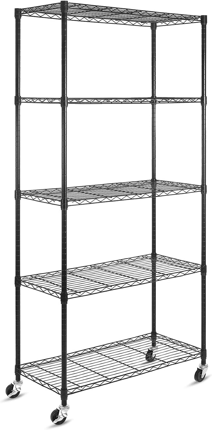 WDT 5-Shelf Shelving Units on Wheels Casters, Adjustable Heavy Duty Metal Shelf Wire Storage Rack for Home Office Garage Kitchen Bathroom Organization(16”Wx36”Dx75”H), Black