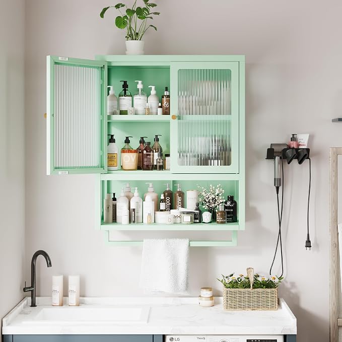 Bathroom Wall Cabinet with 2 Glass Door, Bathroom Medicine Cabinet with Towels Bar and Shelves, Over The Toilet Storage Cabinet, Metal Wall Mounted Cabinet for Laundry Room Kitchen (Green)