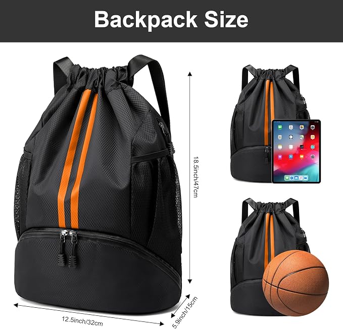 Hoedia Sports Drawstring Backpack - Swim Gym Bag for Women and Men | String Bag with Shoes Compartment and Wet Proof Pocket, Adjustable Wider Shoulder Strap, For Soccer, Basketabll, Volleyball