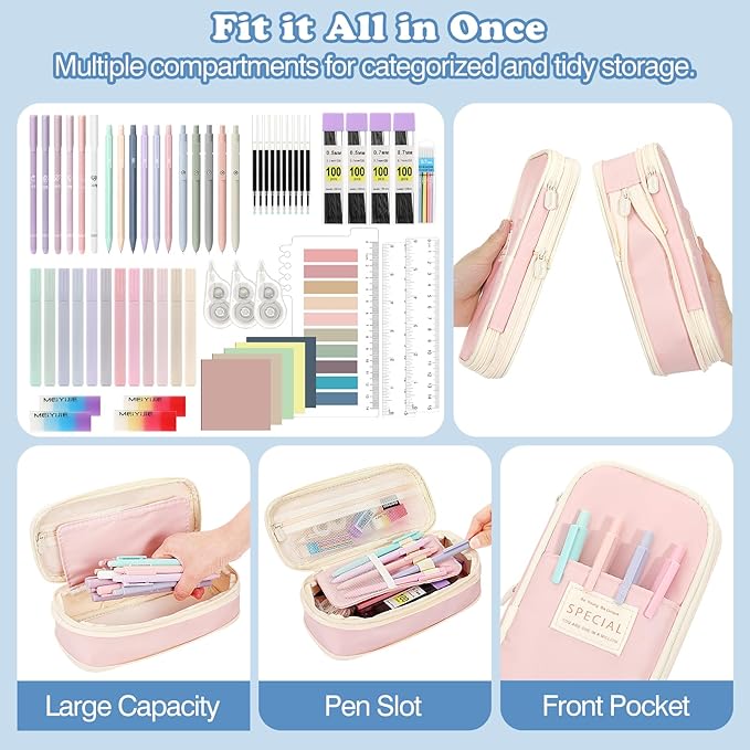 MoKo 60Pcs Aesthetic School Supplies with Cute Pencil Case (Pink), 12 Pastel Highlighters, 5 Black Ink Gel Pens, 6 Mechanical Pencil Set 0.5 & 0.7 mm for Students Stationary College Essentials