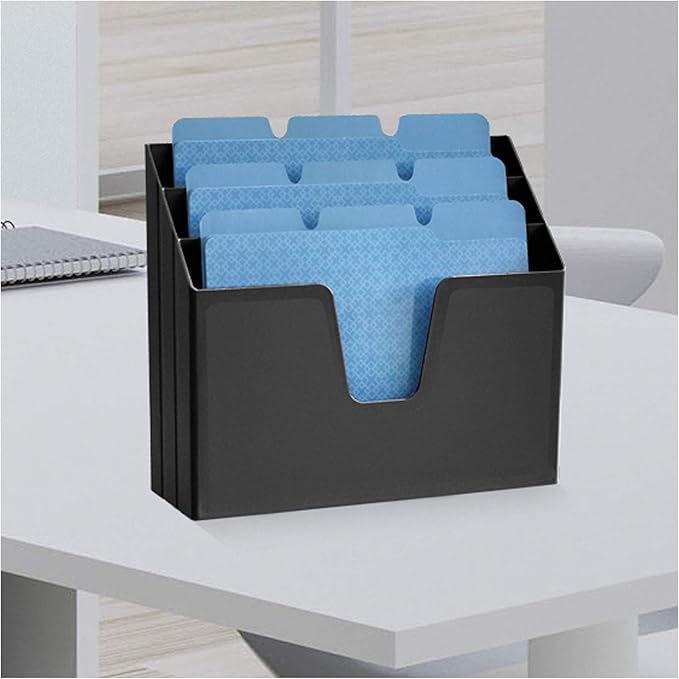 Acrimet Horizontal Triple File Folder Holder Organizer, Open Top Desktop Document Sorter for Letter Size Papers & Folders, Plastic (Black)