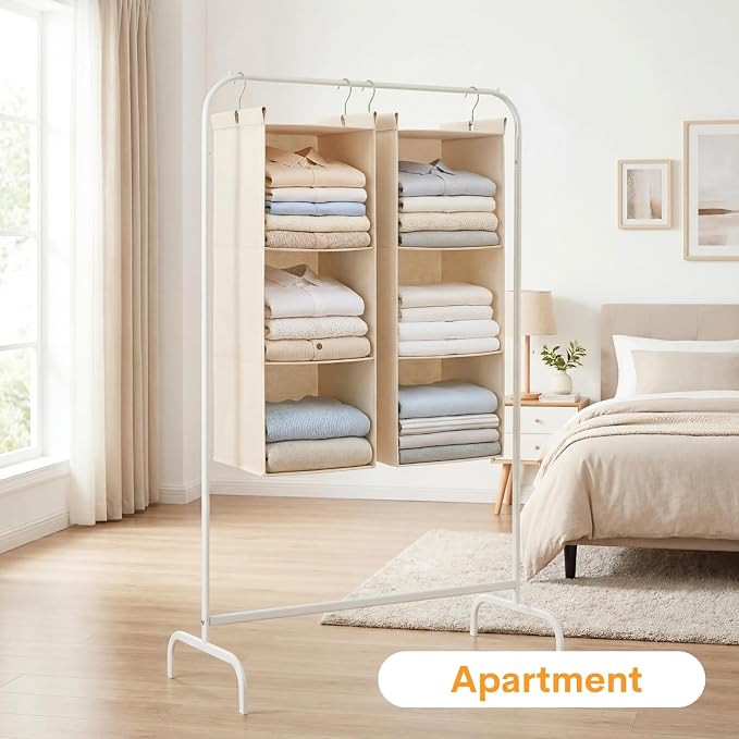 Ofiray-home Pure Cotton Dual Hanging Closet Organizer, 2-Pack 3-Tier Breathable Storage Bags for Wardrobe, RV, Nursery, Small Closets Heavy-Duty Cotton, Natural Beige
