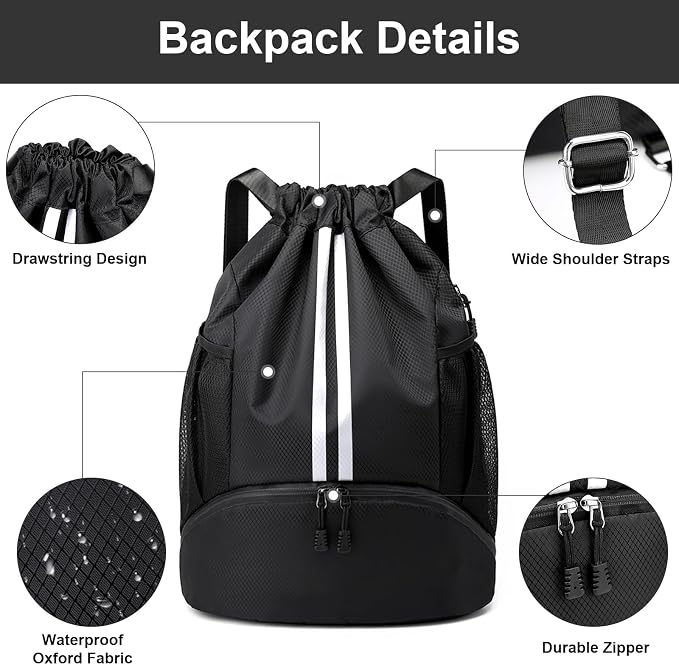 Hoedia Sports Drawstring Backpack - Swim Gym Bag for Women and Men | String Bag with Shoes Compartment and Wet Proof Pocket, Adjustable Wider Shoulder Strap, For Soccer, Basketabll, Volleyball