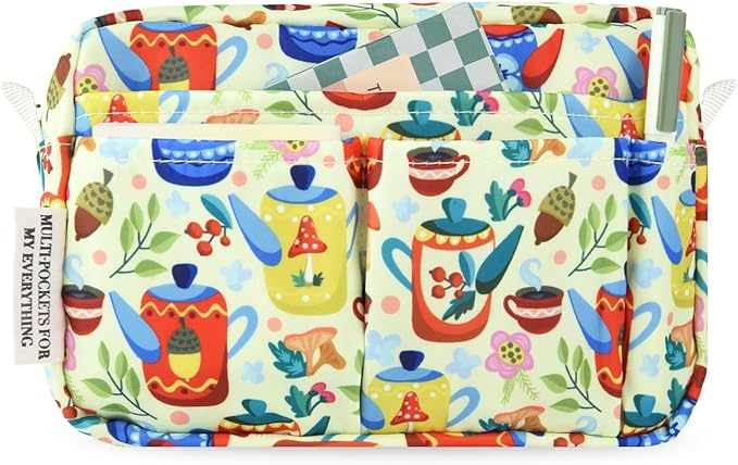 Portfolio Organizer with Multiple Pockets, Waterproof Travel Zippered Cosmetic Bag, Portable Storage Bag for Notebooks, Stationeries, Make-up, Journal Office Art Supplies.Yellow Teapot