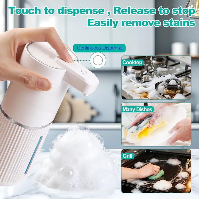 Automatic Soap Dispenser, Foaming Soap Dispenser Touchless with Continuous Dispensing, 4-Level Adjustable, Rechargeable Hand Soap Dispensers, Wall Mounted or Countertop for Bathroom & Kitchen