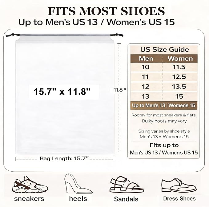 18 Pack Clear Shoe Bags for Travel Essentials, 15.7"×11.8" PEVA Drawstring, Water-Resistant, Fits up to Men’s 12–13, Reusable Storage for Clothes & Toiletries, Keep Luggage Tidy & Odor-Free