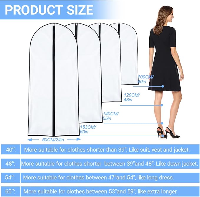 Garment Bags Covers (24''X60'' Set of 12) Long Dress Bags for Hanging Clothes (Pack of 6) with Study Full Zipper Coat Covers for Closet Clothes Storage and Travel
