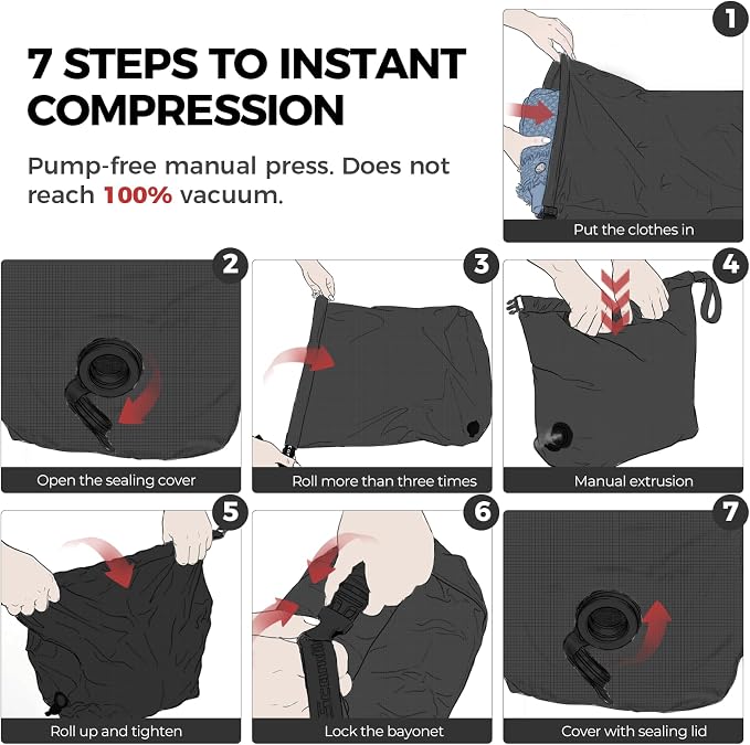 Travel Laundry Bag, Pump Free Vacuum Compression Dirty Clothes Bag Reusable Wet Dry Bags Large Capacity Space Saver Bags Camp Washable Clothes Organizer for Sports Dorm Laundromat (1 Pcs) (Black, L)