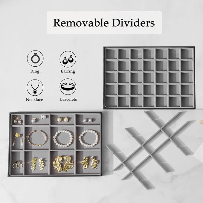 Large Jewelry Organizer Tray 2 Pack, Stackable Jewelry Storage Holder for Drawer Inserts, PU Leather Velvet Jewellery Display Case for Earring Bracelet Necklace Ring (Black Gray, 35 Grids)