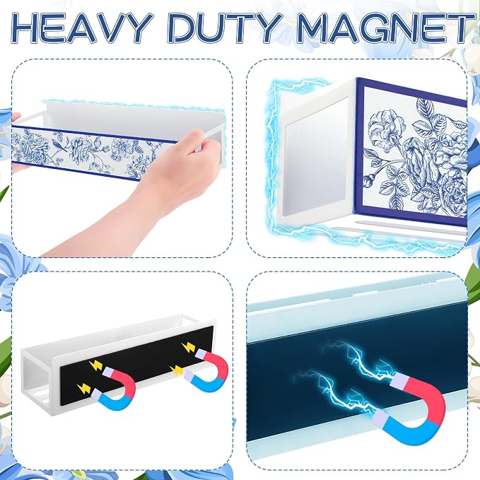 Beeveer 2 Pack Blue White Floral Magnetic Spice Rack for Refrigerator Chinoiserie Metal Fridge Magnet Shelf Basket Seasoning Storage Organizers Coastal Farmhouse Kitchen Decor and Accessories