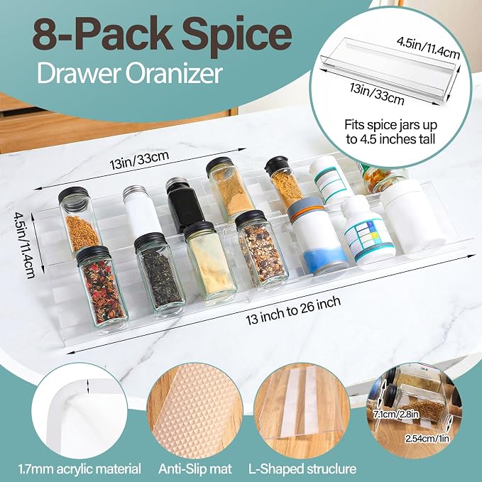 8 Pack Spice Drawer Organizer with 18 Anti-Slip Mats, 13" to 26" Expandable Acrylic Seasoning Organizer Rack Tray Kitchen Spice Rack Drawer Holds up to 56 Jars (Jars Not Included)