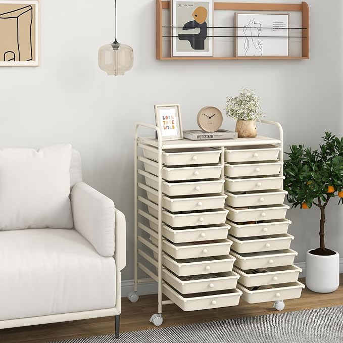LDAILY 20-Drawer Rolling Storage Cart, Rolling Storage Cart, Storage Organizer on Wheels, Metal Frame, Scrapbook Paper Tools, Suitable for Office School, Classroom (White, 20 Drawer)