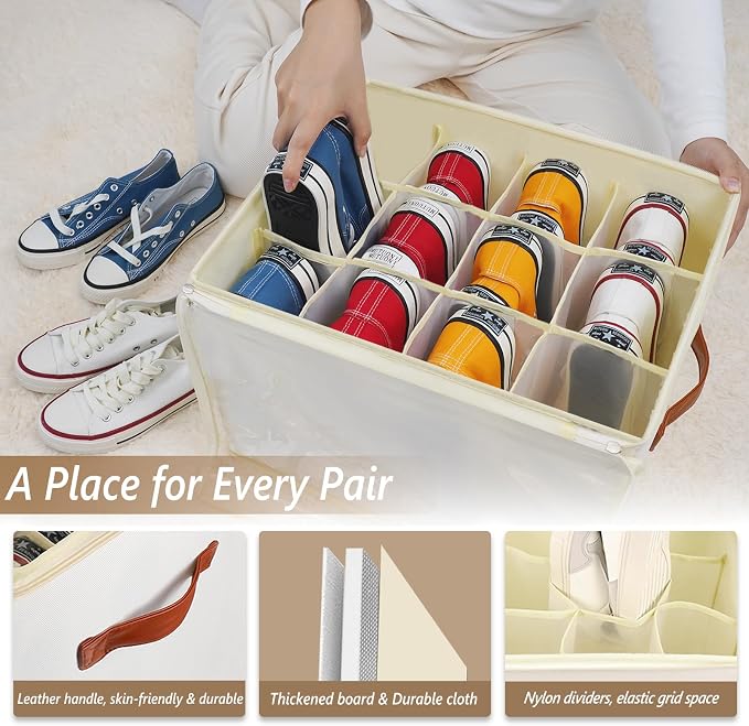 Patinao Shoe Storage Box Organizer for Closet - Space Saver Shoes Containers Bin with Clear Lids Stackable, Can Fit Ottoman, Foldable Shoe Rack Cabinet Cubby for Wardrobe (1 Pack)