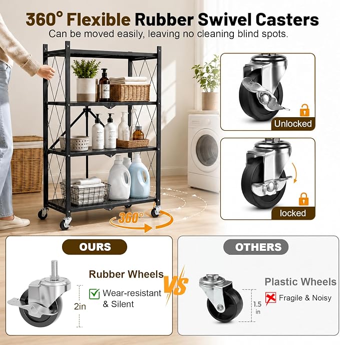 4 Tier Foldable Storage Shelves on Wheels, Heavy Duty Metal Shelving Unit, No Assembly Required for Kitchen, Garage, Pantry, Basement, Bookshelf, Black