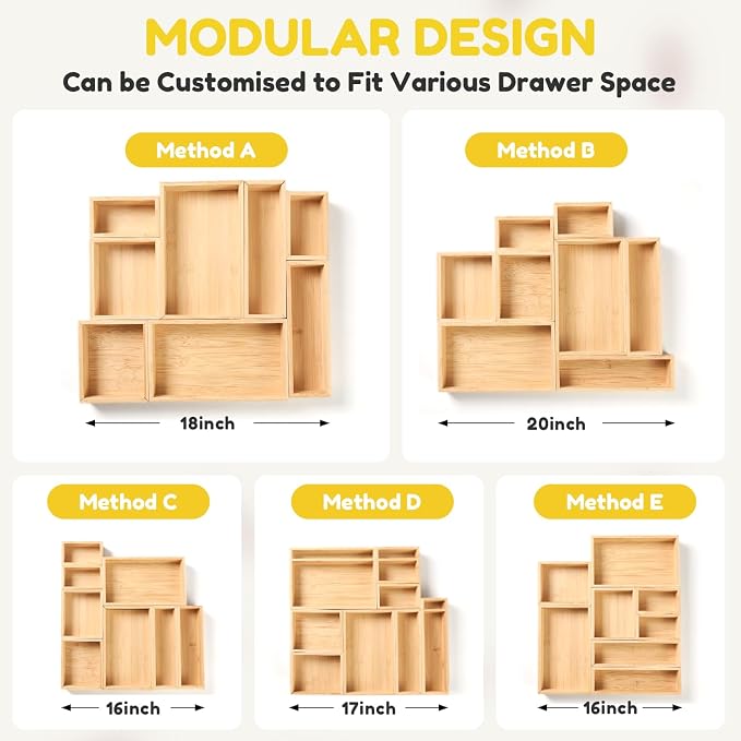 lilLittle Bamboo Drawer Organizer, 8 Pcs Multi Purpose Drawer Organizer Set | Wood Wax Oil Finish, Natural Bamboo, Sturdy, Space Saving, Versatile Storage, Easy to Clean