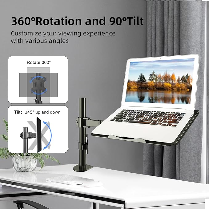 Suptek Single Laptop Notebook Desk Mount with Tray for 13-27 inch Computer Screen, Fully Adjustable Laptop Desk Arm for Notebook up to 17’’, Weight up to 15.6 lbs