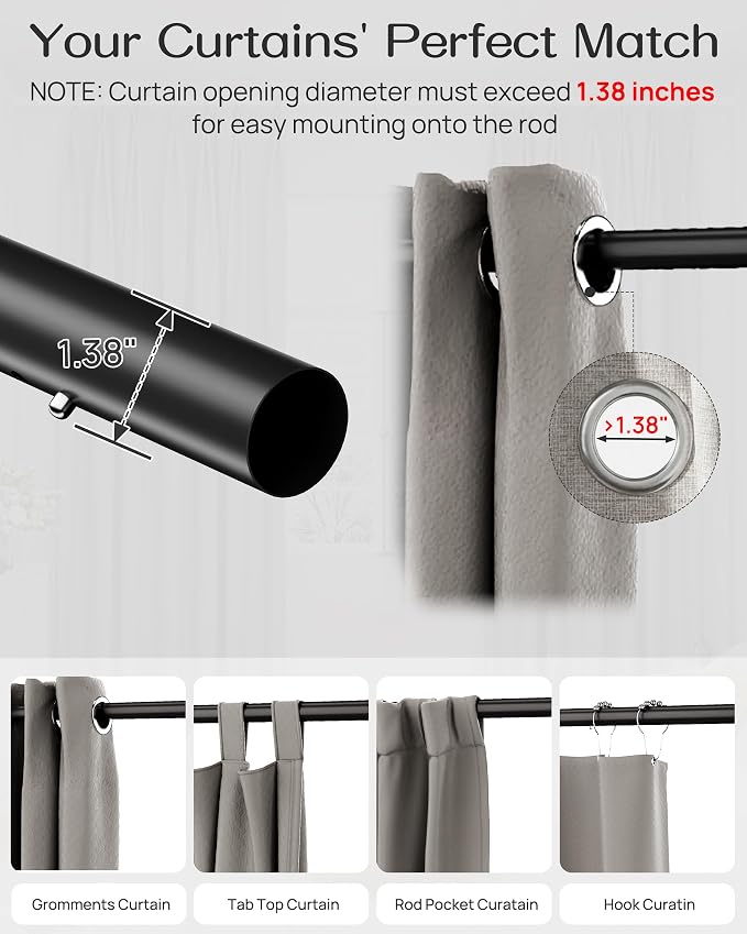 Tension Curtain Rod by EZFurni, 2 Sets 42-123 Inches, Heavy Duty Tension Rods for Windows, No Drilling Adjustable Curtain Rod for Patio, Hold Up Blackout Curtains and Non Slip, Black