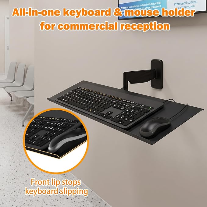 Keyboard Tray Wall Mount with Spring Arm, 23 Inch Keyboard and Mouse Platform, Height Adjustable Typing Stand, Wall Mount Holder for Laptop Desk Workstation, Home Office, Medical, Gaming (Wall)