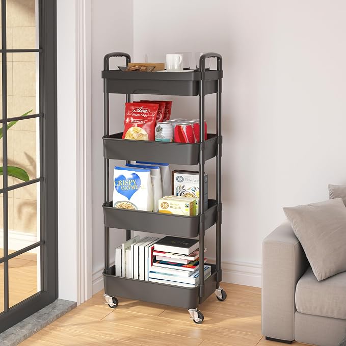 Calmootey 4-Tier Rolling Utility Cart with Drawer,Multifunctional Storage Organizer with Plastic Shelf & Metal Wheel,Storage Cart for Kitchen,Bathroom,Living Room,Office,Black | Space-Saving Organizer, Sturdy Plastic Shelves, Smooth-Rolling Metal Wheel...