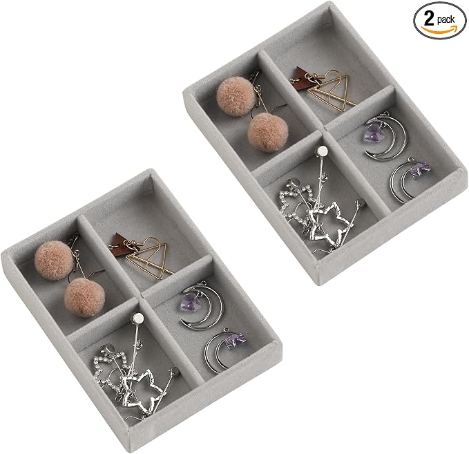 Frebeauty Small Jewelry Trays for Drawer,2 Pack 4 Grid Earring Organizer | Jewelry Display for Rings Stud,Jewelry Box Inserts,Drawer Inserts,Adjustable Dividers,Earring Organizer,Stackable,Mini Size