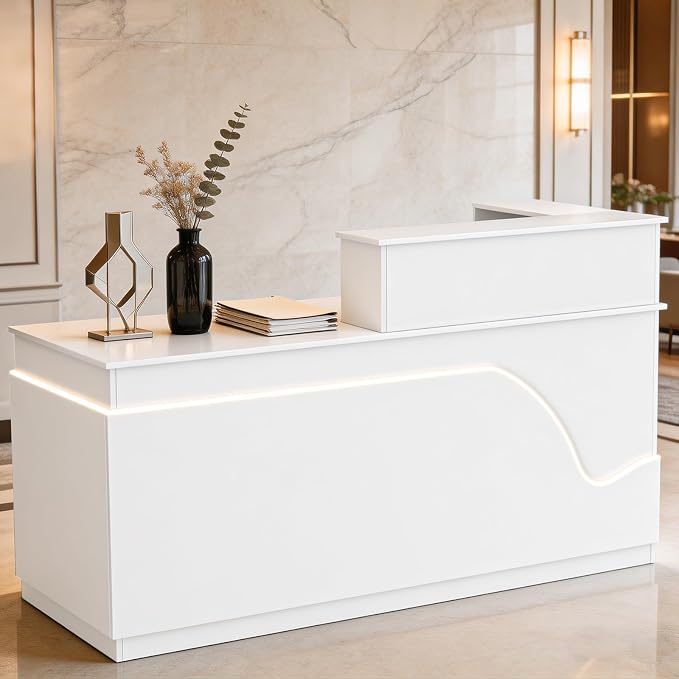 L-Shaped Reception Desk, Modern White High Gloss Front Desk with LED Lights, Lockable Drawer & Storage Cabinet, Keyboard Tray & Cable Management for Office, Beauty Salon & Retail Store