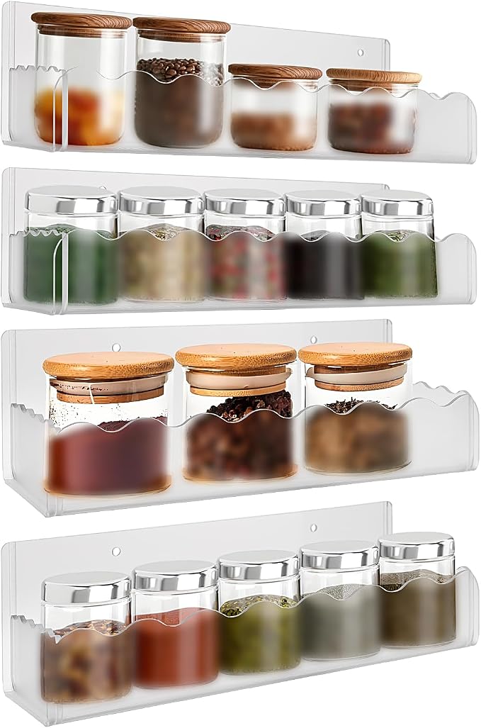 10 inch Spice Rack Wall Mounted,4 Pack Spice Organizer Shelf for Stove Cabinet Pantry Door, Adhesive or Screw Hanging Wall Spice Shelf Storage Holder in Kitchen and RV - Frost Color