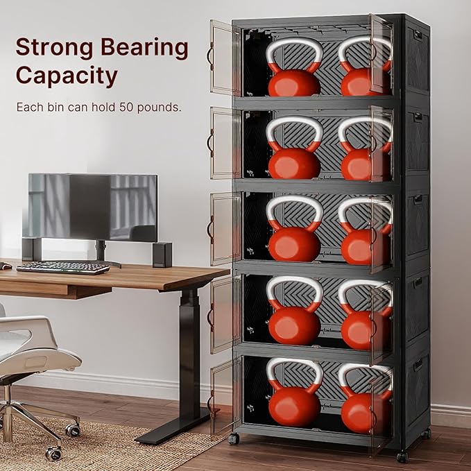 Stackable Storage Bins with Lids, Collapsible Storage Boxes, Foldable Plastic Storage Drawers for Bedroom,Office, Dorm (5, Black, L)
