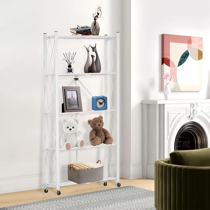5 Tier Folding Shelf with Wheels | No Assembly, Portable,Suitable for kitchen, bedroom, living room, garage,64.6*28*13.4in