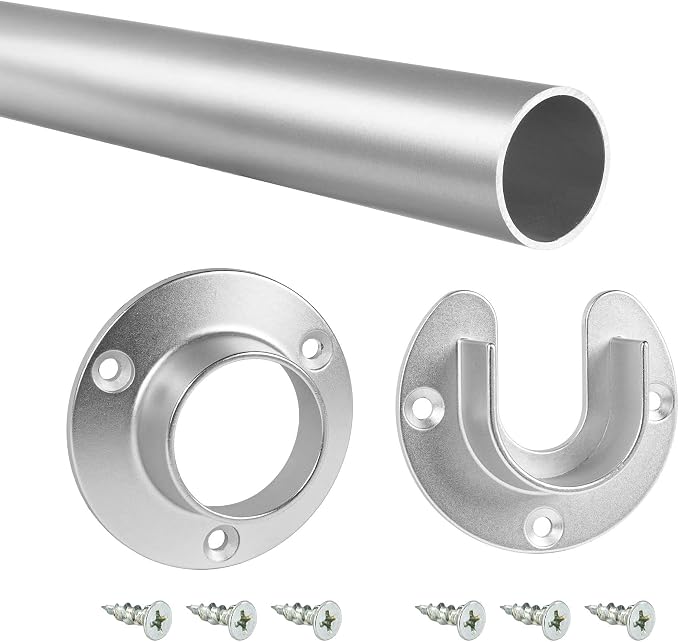 Outwater 48" Satin Chrome Aluminum Closet Rod Kit – 1-5/16" Diameter with Matching U & O Flanges and Mounting Screws