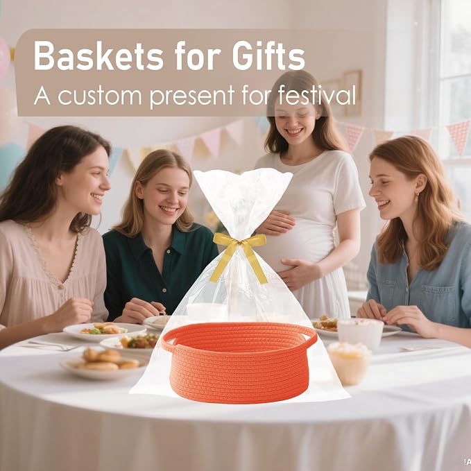 JMvicyroam Woven Basket,Small Rope Storage Bin with Handles & Ribbon Bag, Organizer for Shelves Closets,Gift Basket Empty for Birthday,Books,Dog Toys,Orange