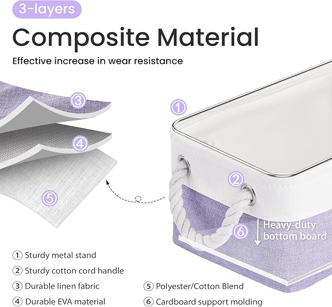 Storage Baskets for Shelves 11.8x7.9x5.2 Inch, Foldable Fabric Storage Bins with Handles, Small Storage Baskets for Organizing Closet, Office, Home Organization (3-Pack, White&Purple)