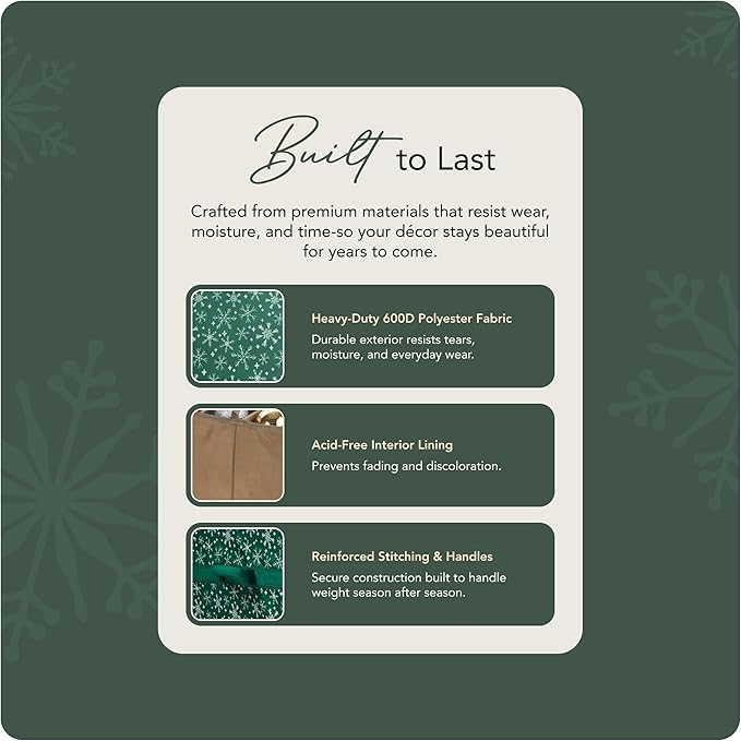 Covermates Keepsakes Adjustable Ornament Storage Box – Heavy-Duty Polyester, Padded Dividers & FlexGrid Trays – Protective Holiday Organizer with Stackable Walls & Label Window, Green Snowflake
