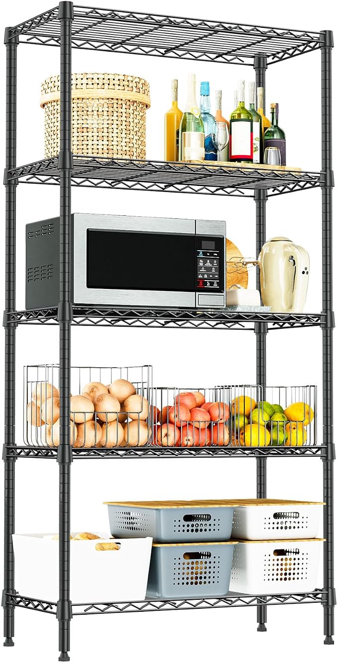 1250 LBS Storage Shelving Unit, Black Wire Rack Shelf for Garage & Kitchen | 5 Tier Metal Shelving Storage Rack, 13.7" D x 23.6" W x 63" H Adjustable Shelving Unit for Pantry, Laundry, Home Organization