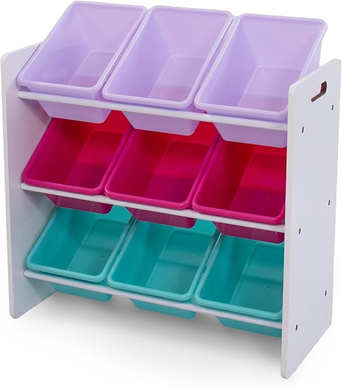 Humble Crew Toy Storage Organizer with 9 Removable Storage Bins for Kids Playroom, 3-Tier Toddler Toy Organization and Storage, White/Pink/Purple/Aqua