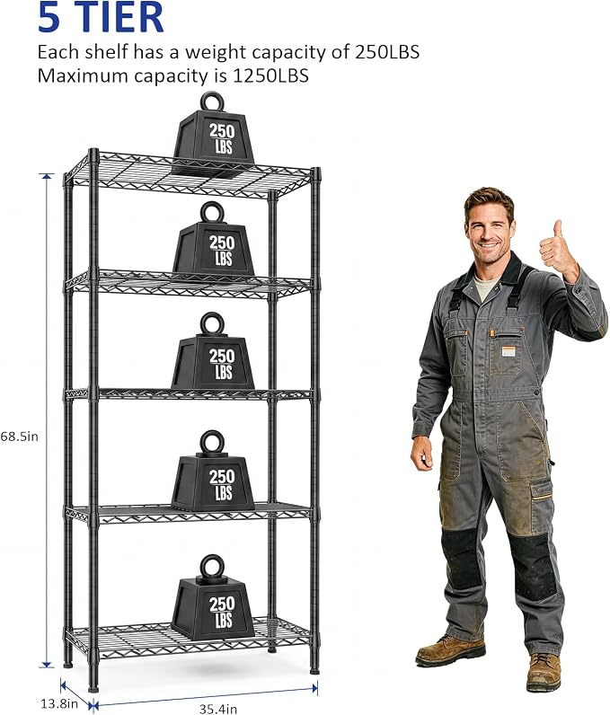 5-Tier Shelving Unit, Black Wire Storage Shelves for Kitchen and Garage | 15.7" D x 33.5" W x 68.5" H, 1250 Lbs Wire Rack Shelving, Adjustable Storage Rack for Laundry Room and Garage Organization